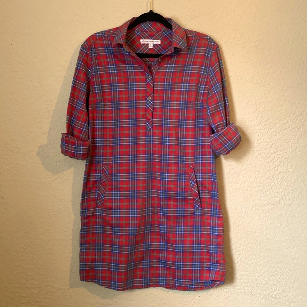 Southern Tide Plaid Shirt Tail Dress Blue Red Green Roll Sleeves Size Small